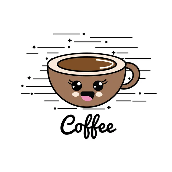 Emblema Kawaii Taza Café Feliz Icono Vector Ilustración Diseño — Vector de stock