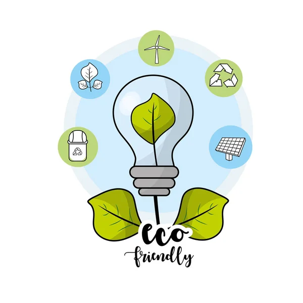 Energiesparlampe Mit Blättern Und Umweltschutzsymbolen Vektor Illustration — Stockvektor