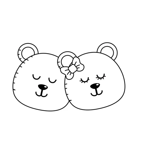 Linha Bonito Animal Casal Urso Cabeça Juntos Vetor Ilustração —  Vetores de Stock