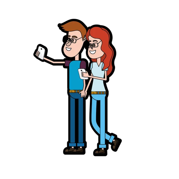 Couple Beauté Avec Coiffure Smartphone Dans Illustration Vectorielle Main — Image vectorielle