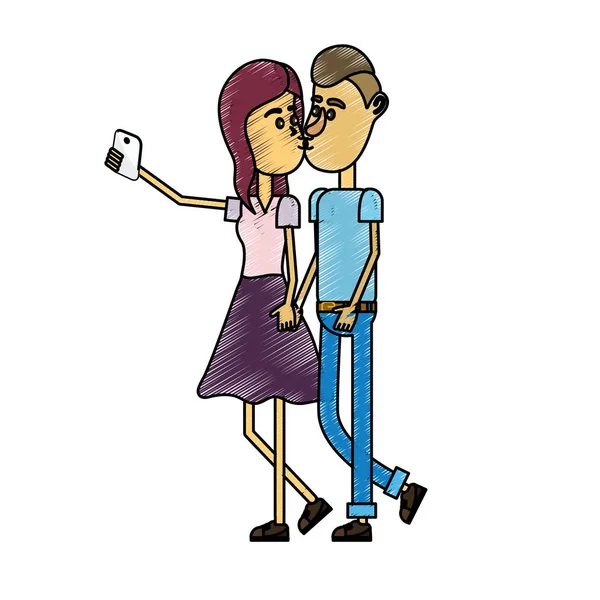 Couple Kissing Taking Selfie Smartphone Vector Illustration — Stock Vector