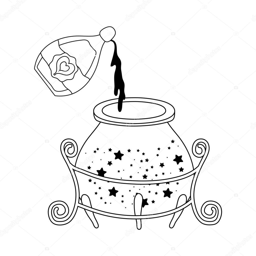 magic witch cauldron with potion bottle vector illustration design