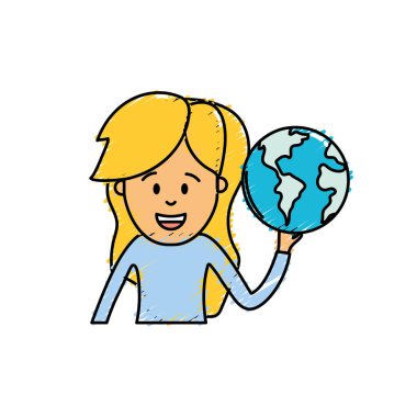 küresel dünya gezegen el vektör çizim içinde kadınla