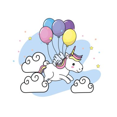 kanatları ve balonlar ve bulutlar olan şirin at illüstrasyon vektör