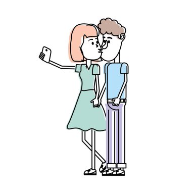 çiftin öpüştüğünü ve akıllı telefon vektör çizim ile alarak selfie