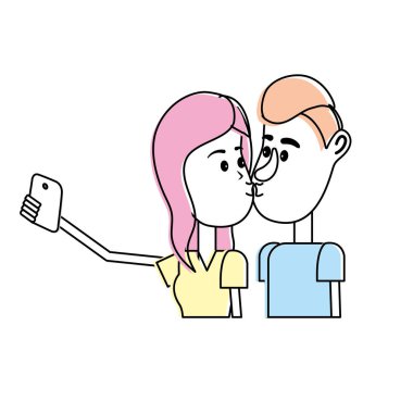 çiftin öpüştüğünü ve akıllı telefon vektör çizim ile alarak selfie