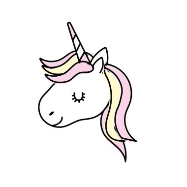 şirin tek boynuzlu at kafası boynuz ve saç şekli vektör çizim ile