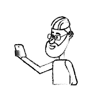 Şekil güzel adam saç modeli ve el vektör çizim içinde smartphone