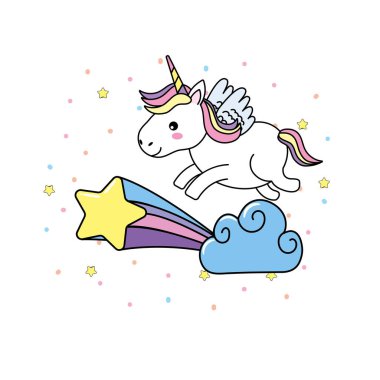 kanatları ve bulut yıldız vektör çizim ile olan sevimli at