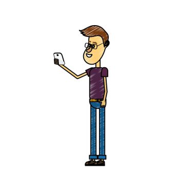 güzel adam saç modeli ve el vektör çizim içinde smartphone