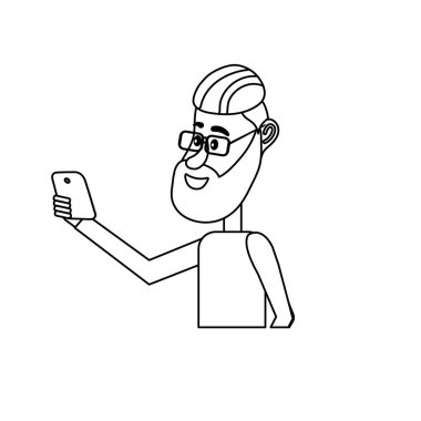 satır güzel adam saç modeli ve el vektör çizim içinde smartphone