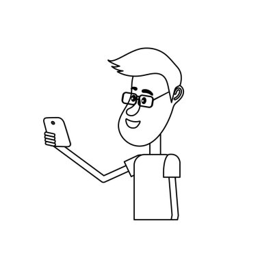 satır güzel adam saç modeli ve el vektör çizim içinde smartphone