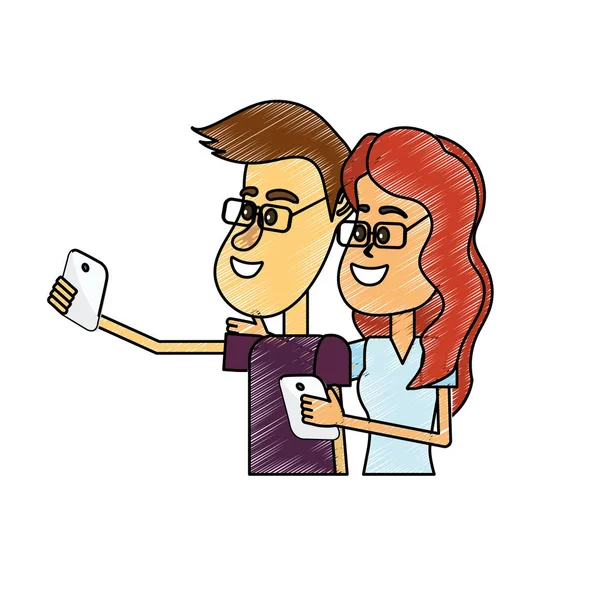 Pareja Belleza Con Peinado Teléfono Inteligente Ilustración Del Vector Mano — Vector de stock