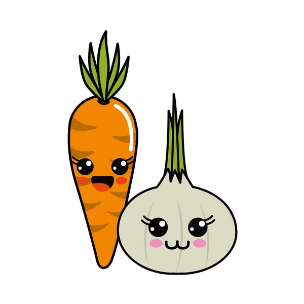 Кавайи Счастливая Морковь Чеснок Икона Векторная Иллюстрация Дизайн — стоковый вектор