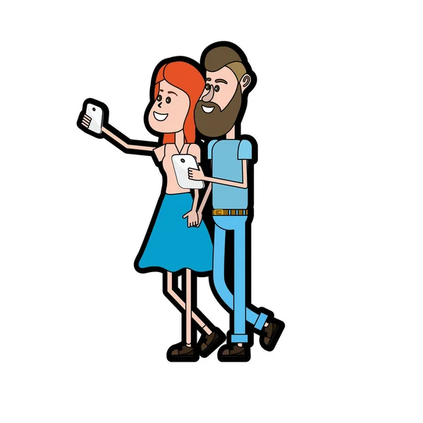 Pareja Belleza Con Peinado Teléfono Inteligente Ilustración Del Vector Mano — Vector de stock