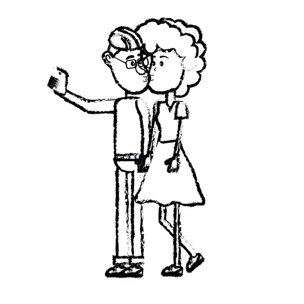 Figure Couple Kissing Taking Selfie Smartphone Vector Illustration — Stock Vector