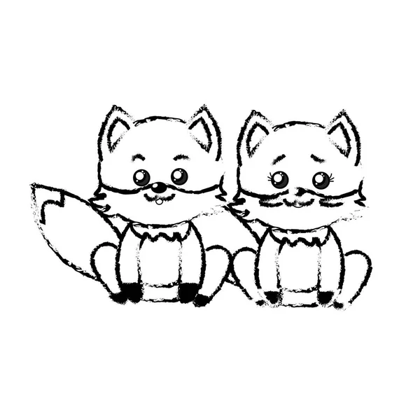 Cute Para Rysunek Fox Dzikich Zwierząt Pięknym Wyrażenie Wektor Ilustracja — Wektor stockowy