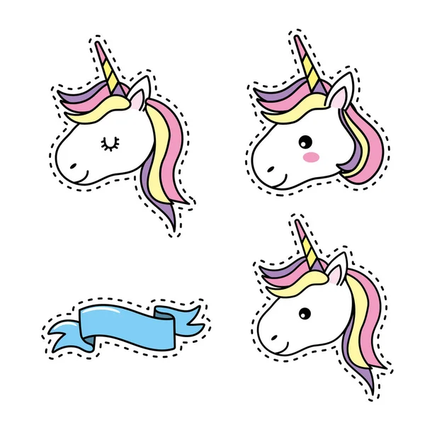 Set Unicorn Head Hairstyle Ribbon Design Vector Illustration - Stok Vektor