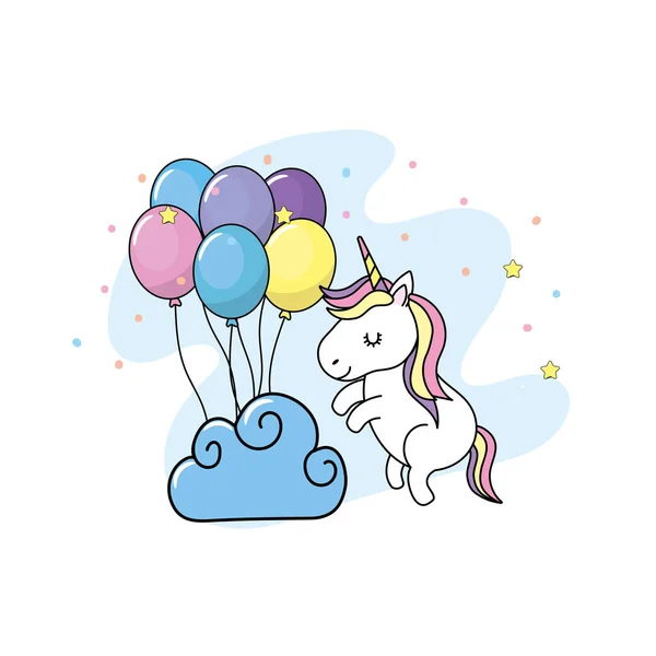 Χαριτωμένος Μονόκερος Μπαλόνια Και Σύννεφα Σχεδιασμό Εικονογράφηση Διάνυσμα — Διανυσματικό Αρχείο