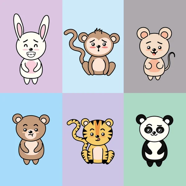 Set Animaux Mignons Tendres Avec Des Expressions Vectorielles Illustration — Image vectorielle