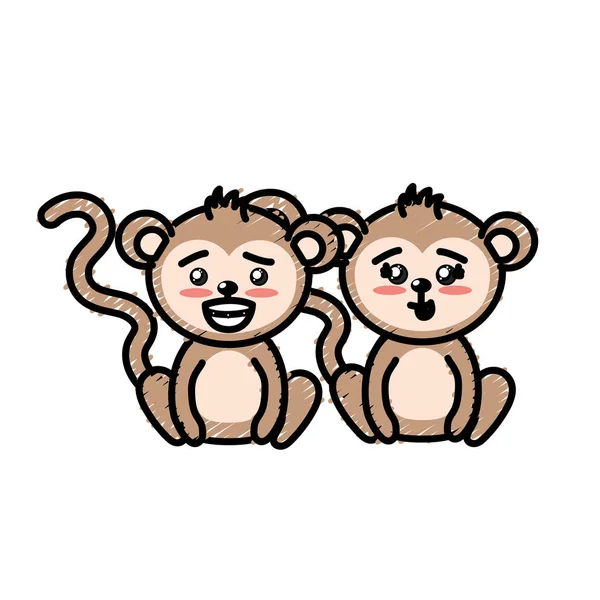 Cute Couple Monkey Wild Animal Beautiful Expression Vector Illustration — Stock Vector