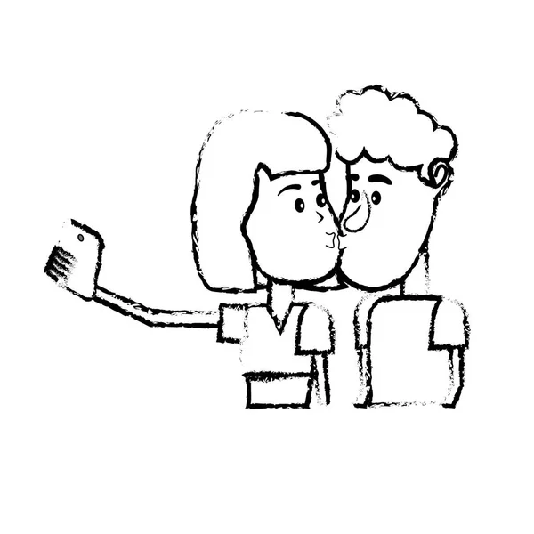 Figurenpaar Küsst Sich Und Macht Selfie Mit Smartphone Vektorillustration — Stockvektor