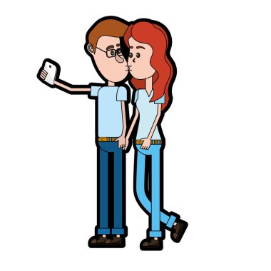çiftin öpüştüğünü ve akıllı telefon vektör çizim ile alarak selfie