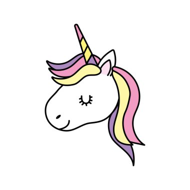 şirin tek boynuzlu at kafası boynuz ve saç şekli vektör çizim ile