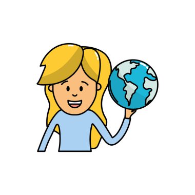 küresel dünya gezegen el vektör çizim içinde kadınla