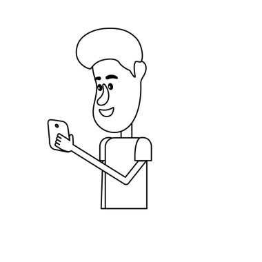 satır güzel adam saç modeli ve el vektör çizim içinde smartphone