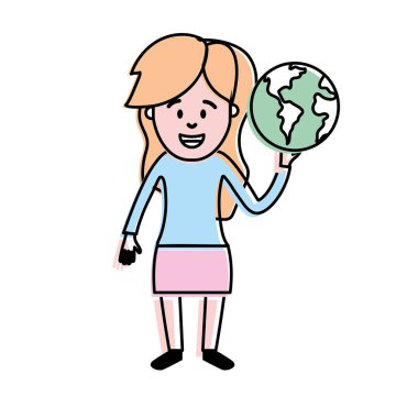 küresel dünya gezegen el vektör çizim içinde kadınla