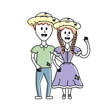 şapka ve tipik giyim vektör çizim ile şirin Brezilyalı çift