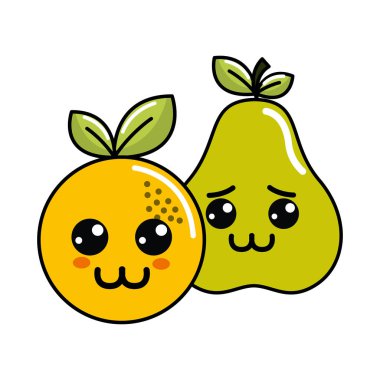kawaii mutlu turuncu ve armut simgesi, vektör illüstrasyon tasarım
