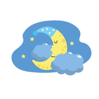 uyku şapka tasarım ve yıldız vektör çizim ile bulutlar ile şirin ay
