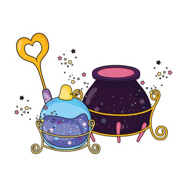 iksir şişesi ve değnek vektör çizim tasarımı ile sihirli cadı kazanı