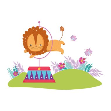 sevimli aslan sirk atlama ateş halka vektör çizim tasarımı