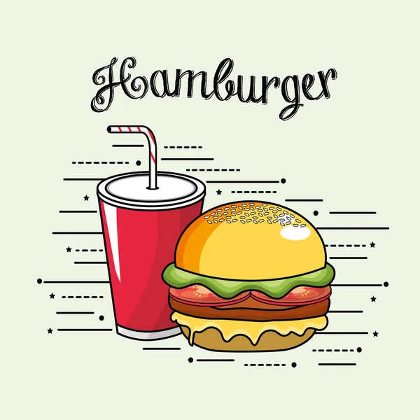 Heerlijke Hamburger Met Soda Plastic Beker Vectorillustratie — Stockvector