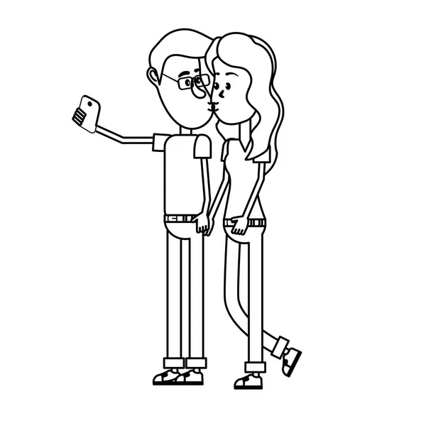 Line Par Kyssas Och Selfie Med Smartphone Vektor Illustration — Stock vektor