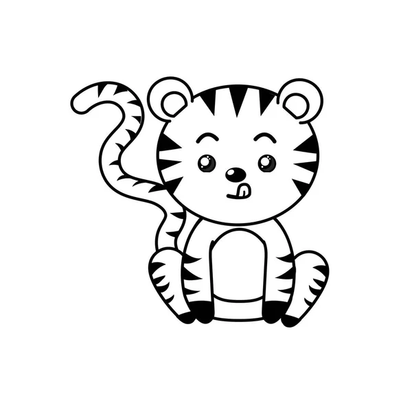 Ligne Mignon Tigre Sauvage Animal Avec Visage Expression Vectorielle Illustration — Image vectorielle