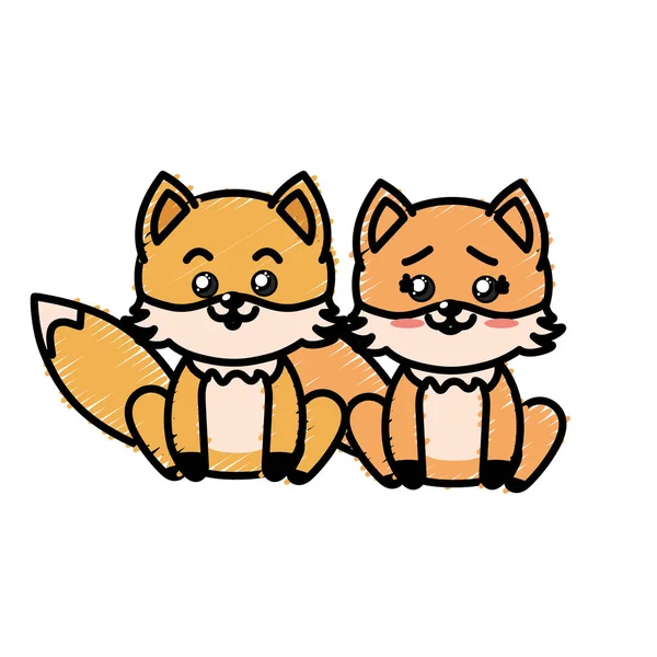 Mignon Couple Renard Sauvage Animal Avec Belle Expression Vectorielle Illustration — Image vectorielle