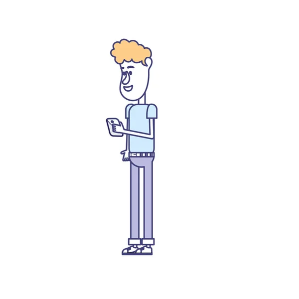 Homem Agradável Com Penteado Smartphone Ilustração Vetor Mão — Vetor de Stock