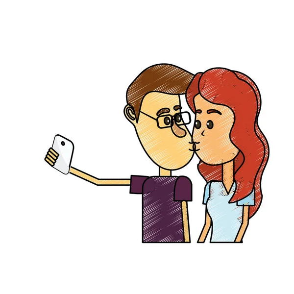 Paar Küsst Sich Und Macht Selfie Mit Smartphone Vektorillustration — Stockvektor