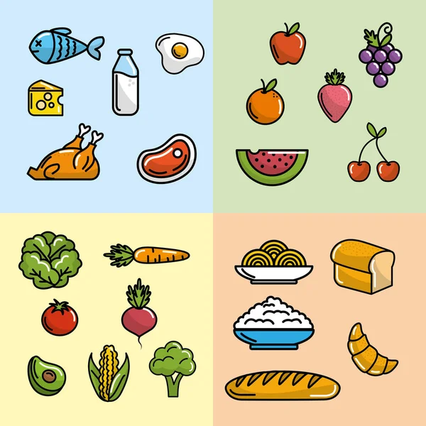 Set Nutrición Verduras Frutas Con Proteínas Harinas Vector Ilustración — Archivo Imágenes Vectoriales