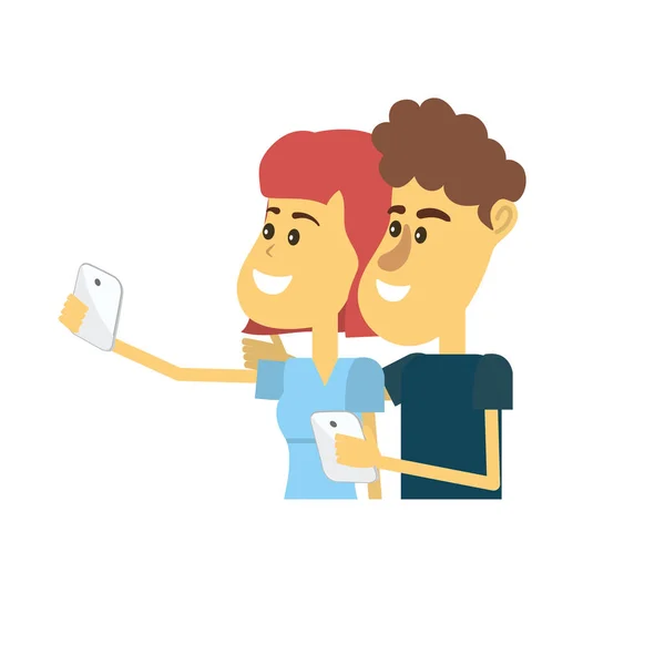 Couple Beauté Avec Coiffure Smartphone Dans Illustration Vectorielle Main — Image vectorielle