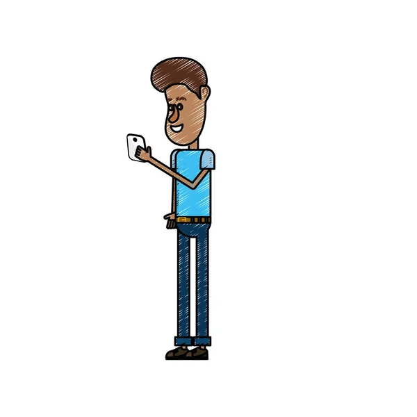 Aardige Man Met Kapsel Smartphone Hand Vectorillustratie — Stockvector