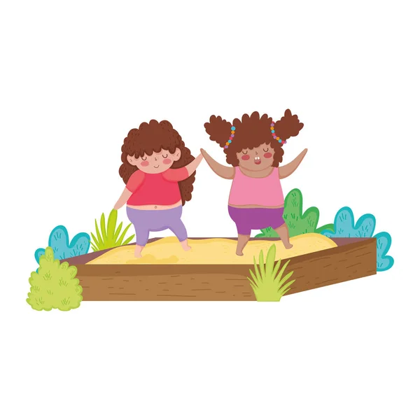 Petites Filles Potelées Jouant Dans Sable Boîte Vectoriel Illustration Design — Image vectorielle