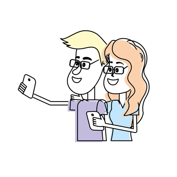 Pareja Belleza Con Peinado Teléfono Inteligente Ilustración Del Vector Mano — Vector de stock