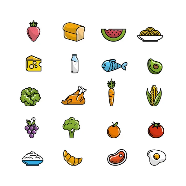 Набор Пищевых Овощей Фруктов Векторной Иллюстрацией Белка Муки — стоковый вектор