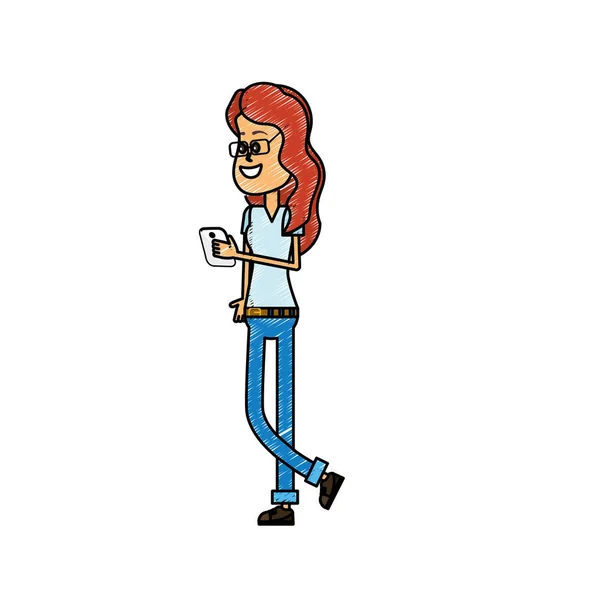 Beauté Femme Avec Coiffure Smartphone Dans Vecteur Main Illustrtaion — Image vectorielle