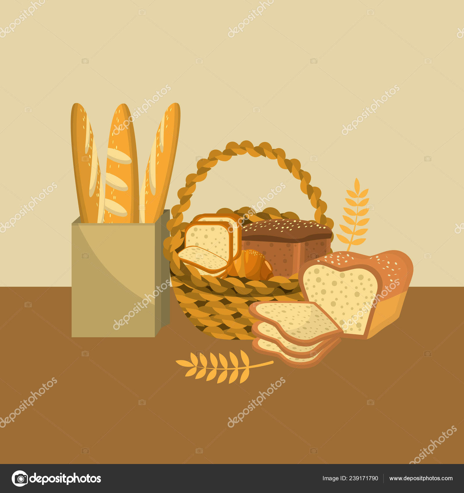 Delicious Fresh Differents Types Breads Basket Vector Illustration Stock  Vector by ©stockgiu 239171790, image size:1600x1700